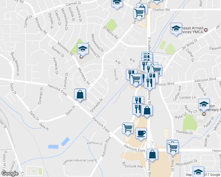 map of restaurants, bars, coffee shops, grocery stores, and more near 2437 Granada Drive in Colorado Springs