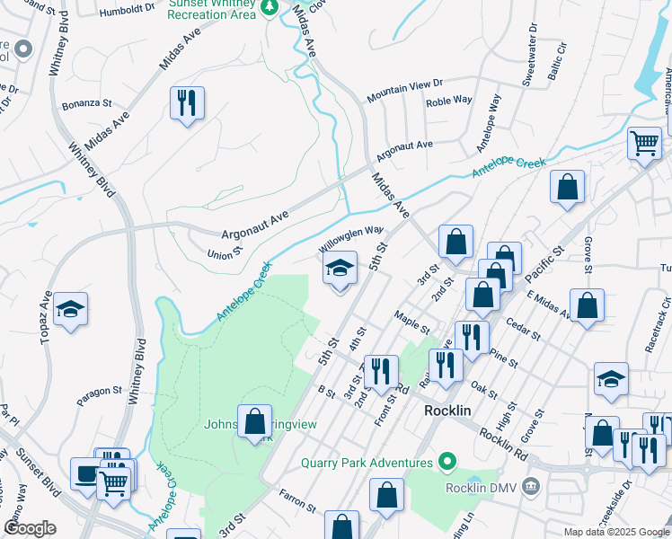 map of restaurants, bars, coffee shops, grocery stores, and more near 3565 Parkview Lane in Rocklin