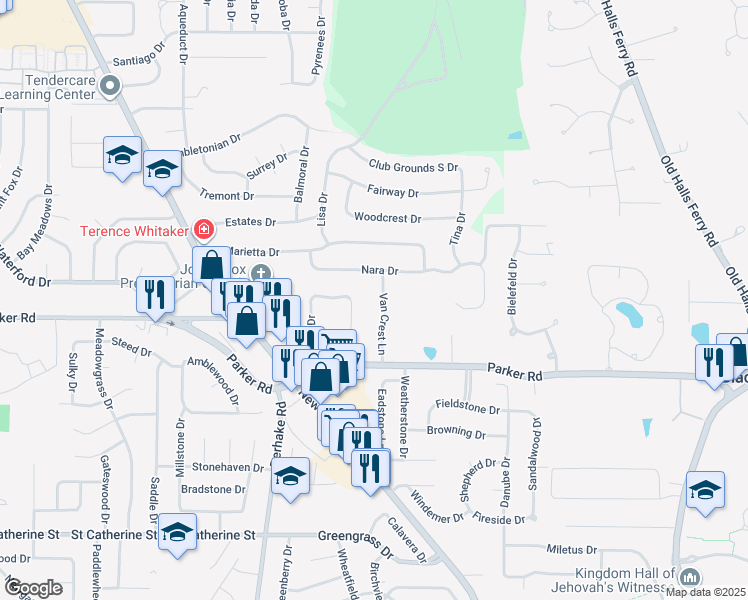 map of restaurants, bars, coffee shops, grocery stores, and more near 7 Van Crest Ln in Florissant