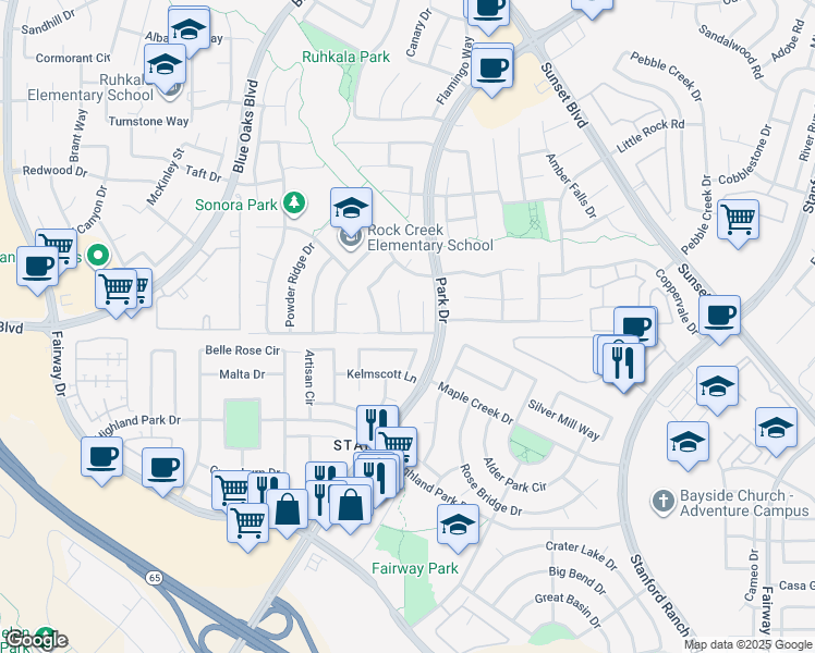 map of restaurants, bars, coffee shops, grocery stores, and more near 6400 Mendez Creek Court in Rocklin