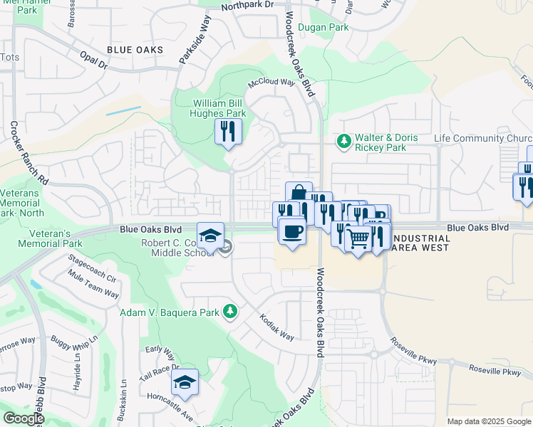 map of restaurants, bars, coffee shops, grocery stores, and more near 1341 Piper Place in Roseville