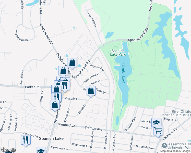 map of restaurants, bars, coffee shops, grocery stores, and more near 12356 Santa Maria Drive in St. Louis