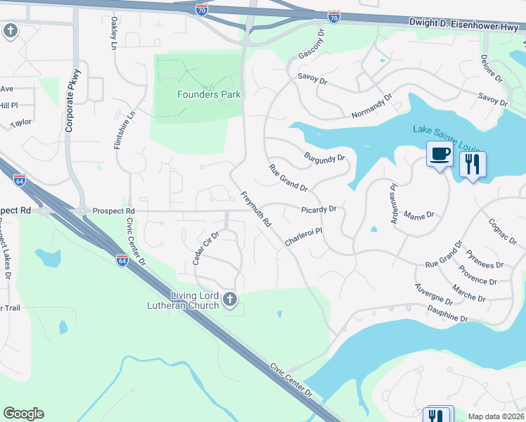 map of restaurants, bars, coffee shops, grocery stores, and more near 43 Picardy Drive in Lake Saint Louis
