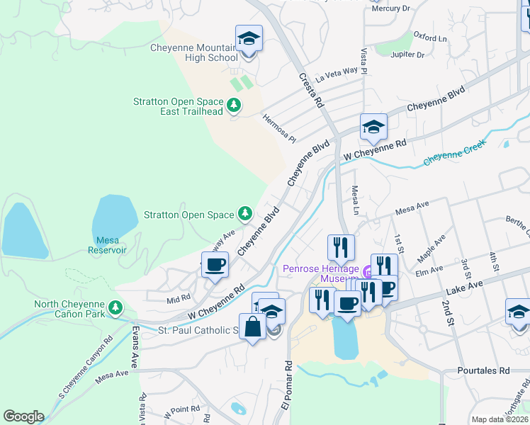 map of restaurants, bars, coffee shops, grocery stores, and more near 1518 Cheyenne Boulevard in Colorado Springs