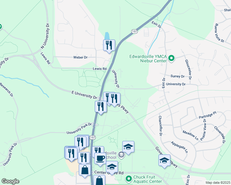map of restaurants, bars, coffee shops, grocery stores, and more near 1222 East University Drive in Edwardsville
