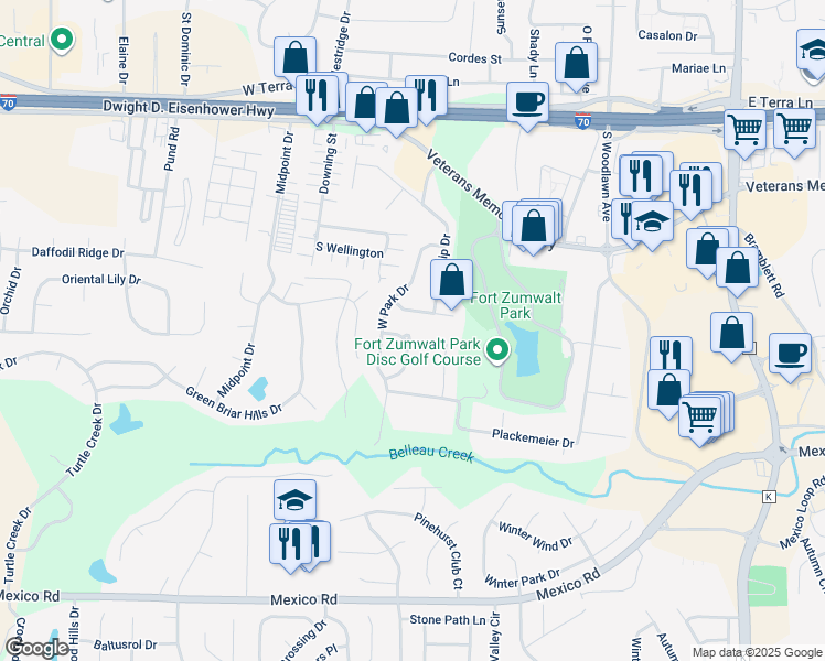 map of restaurants, bars, coffee shops, grocery stores, and more near 107 West Park Circle in O'Fallon