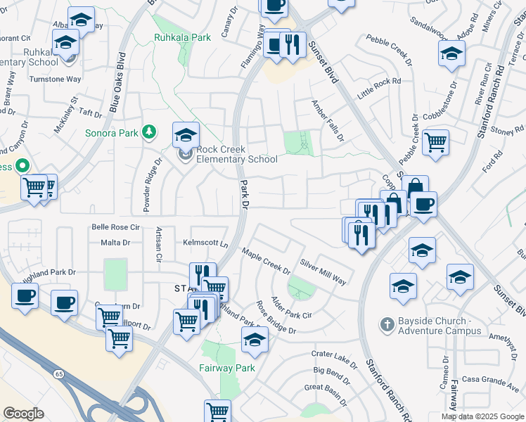 map of restaurants, bars, coffee shops, grocery stores, and more near 2204 Misty Hollow Drive in Rocklin