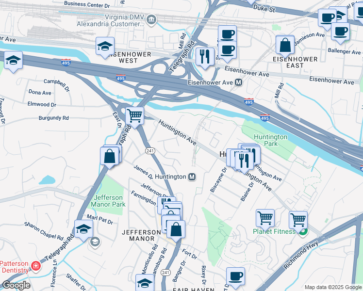 map of restaurants, bars, coffee shops, grocery stores, and more near 5707 Indian Court in Alexandria