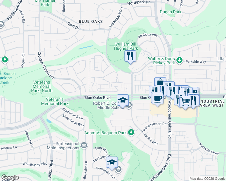 map of restaurants, bars, coffee shops, grocery stores, and more near 1225 Marseille Lane in Roseville
