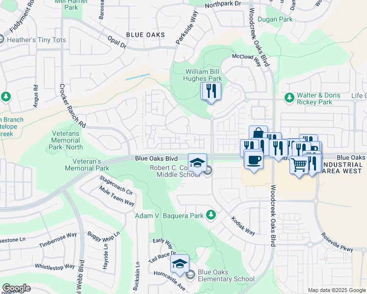 map of restaurants, bars, coffee shops, grocery stores, and more near 1225 Marseille Lane in Roseville