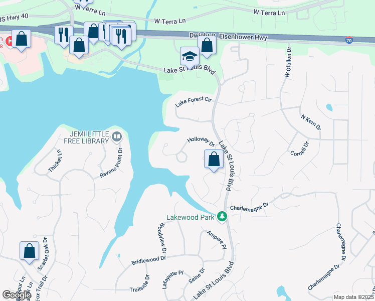 map of restaurants, bars, coffee shops, grocery stores, and more near 18 Holloway Drive in Lake Saint Louis