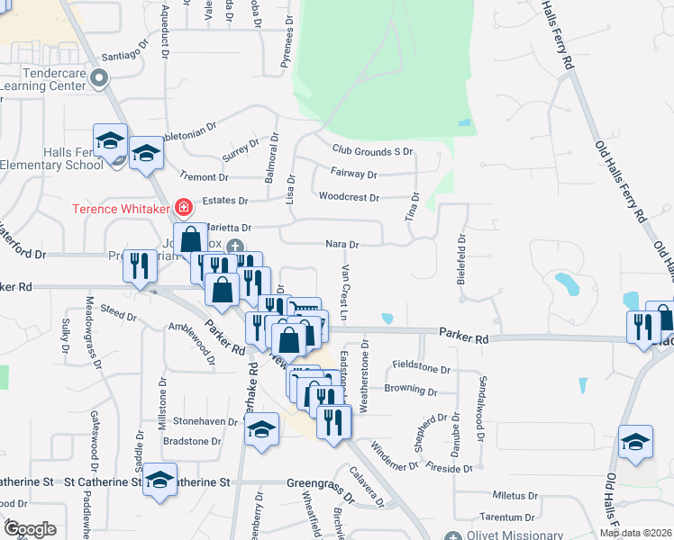 map of restaurants, bars, coffee shops, grocery stores, and more near 7 Van Crest Lane in Florissant