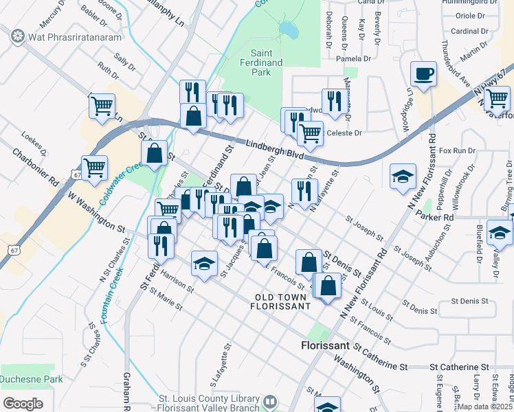 map of restaurants, bars, coffee shops, grocery stores, and more near 461 Saint Denis Street in Florissant