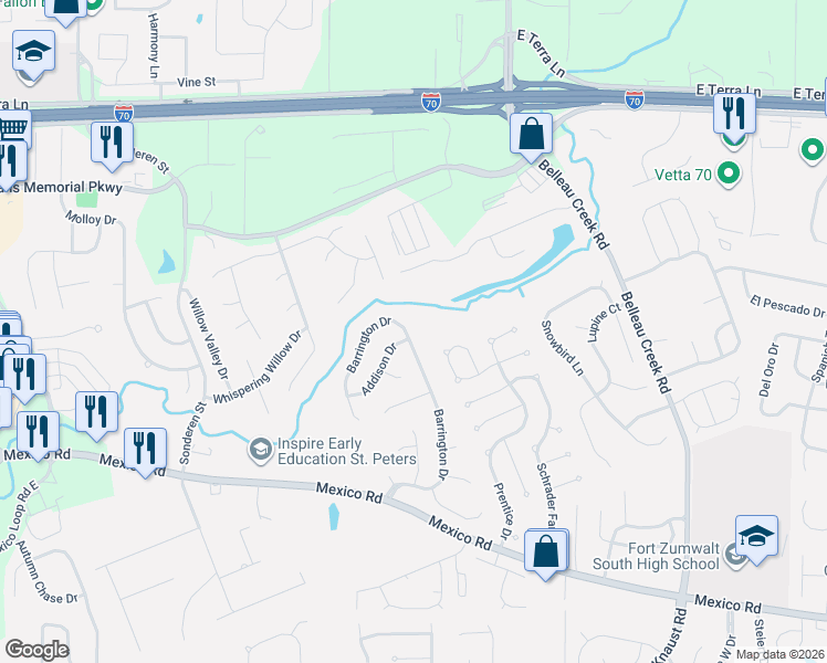 map of restaurants, bars, coffee shops, grocery stores, and more near 200 Addison Drive in St. Peters