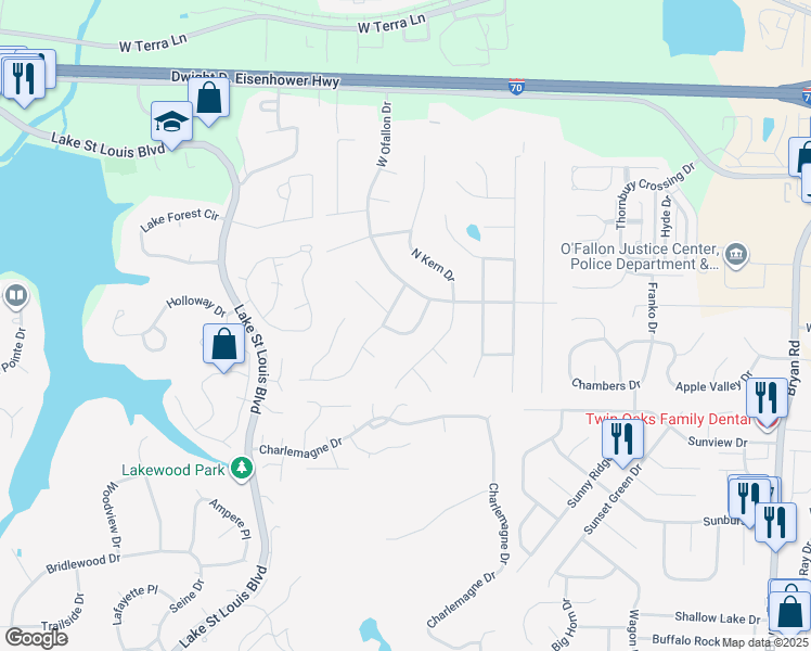 map of restaurants, bars, coffee shops, grocery stores, and more near 9 Cornell Drive in O'Fallon
