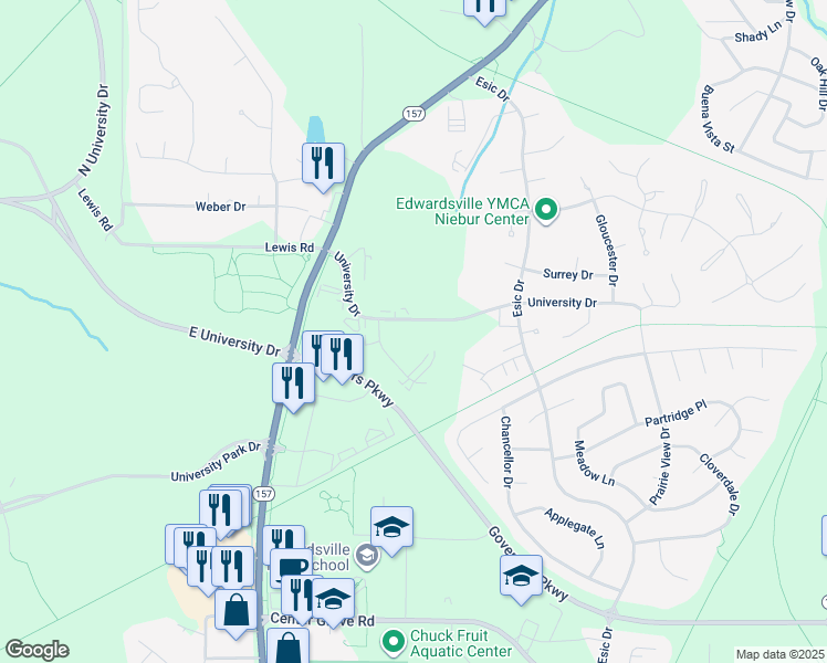 map of restaurants, bars, coffee shops, grocery stores, and more near 1124 University Drive in Edwardsville