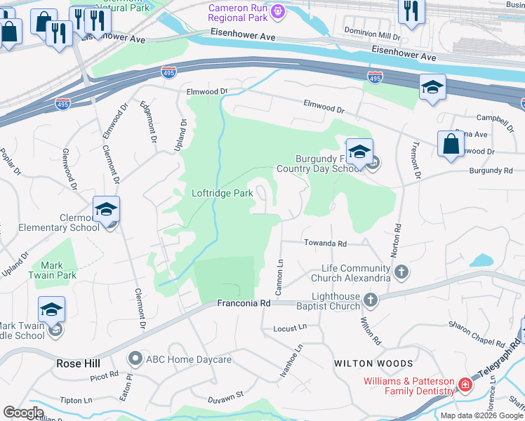 map of restaurants, bars, coffee shops, grocery stores, and more near 5698 Medallion Court in Alexandria
