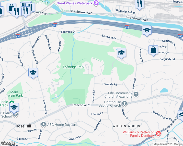 map of restaurants, bars, coffee shops, grocery stores, and more near 5708 Medallion Court in Alexandria