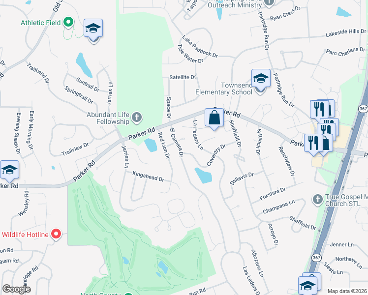 map of restaurants, bars, coffee shops, grocery stores, and more near 12118 El Camara Drive in Florissant