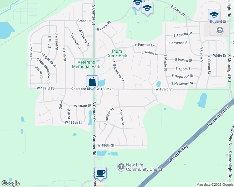 map of restaurants, bars, coffee shops, grocery stores, and more near 18304 Spruce Street in Gardner