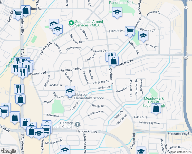 map of restaurants, bars, coffee shops, grocery stores, and more near 2560 Nadine Drive in Colorado Springs