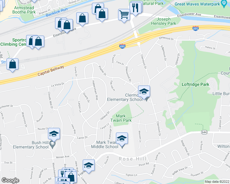 map of restaurants, bars, coffee shops, grocery stores, and more near 6843 Oak Hill Place in Alexandria
