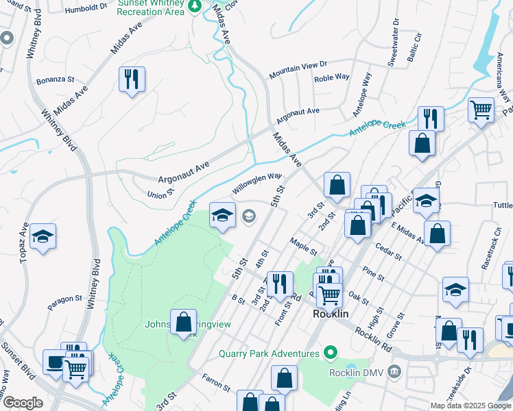 map of restaurants, bars, coffee shops, grocery stores, and more near 3565 Parkview Lane in Rocklin