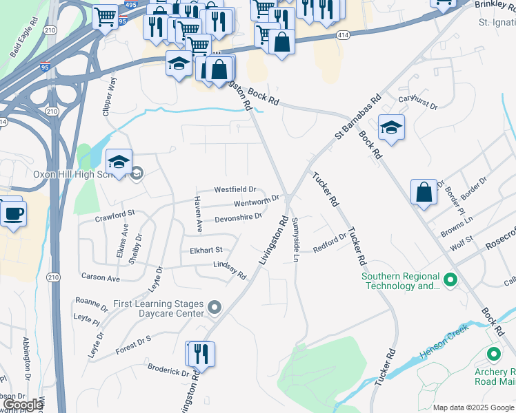map of restaurants, bars, coffee shops, grocery stores, and more near 1209 Wentworth Drive in Oxon Hill