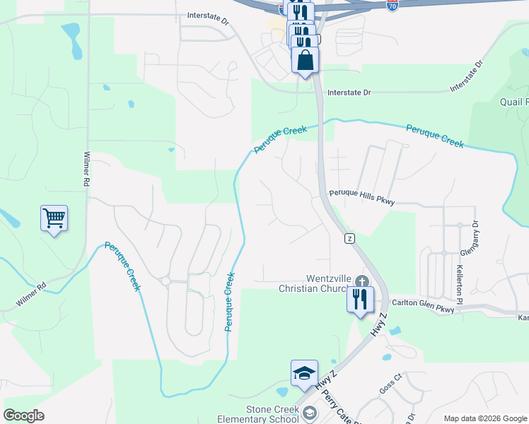 map of restaurants, bars, coffee shops, grocery stores, and more near 415 Boulder Creek Drive in Wentzville