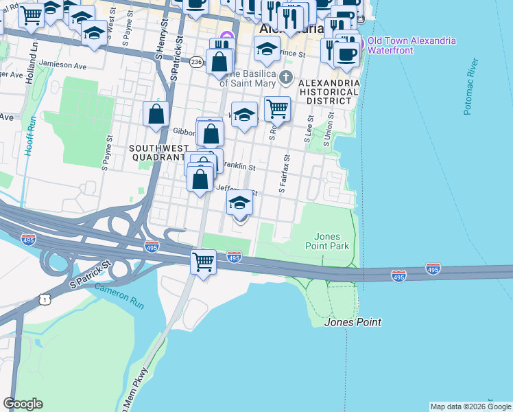 map of restaurants, bars, coffee shops, grocery stores, and more near 815 South Royal Street in Alexandria
