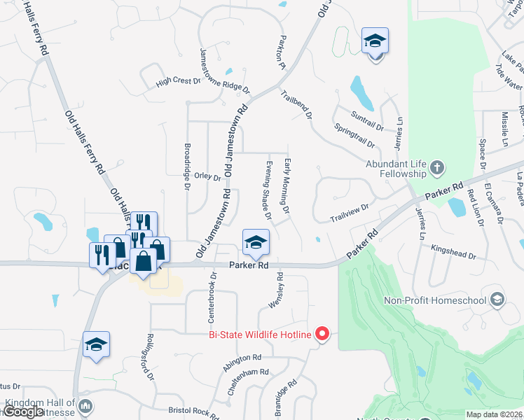 map of restaurants, bars, coffee shops, grocery stores, and more near 12537 Evening Shade Drive in Black Jack