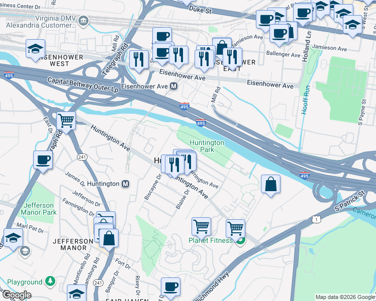 map of restaurants, bars, coffee shops, grocery stores, and more near 2236 Arlington Terrace in Alexandria