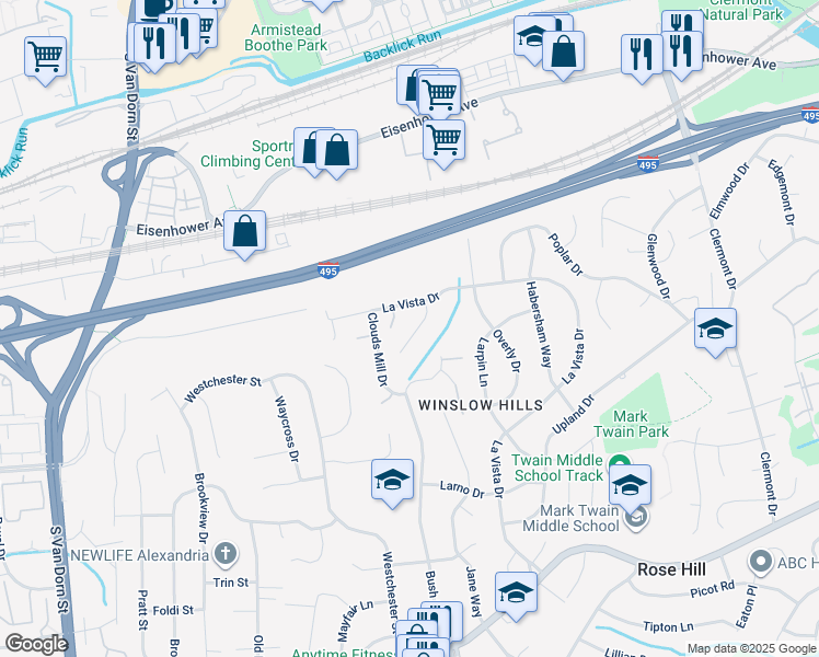 map of restaurants, bars, coffee shops, grocery stores, and more near 5614 James Gunnell Lane in Alexandria