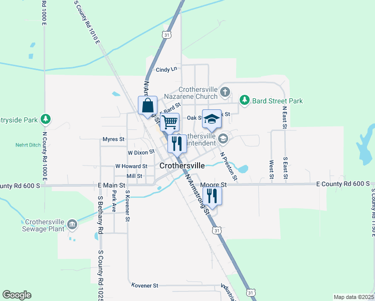 map of restaurants, bars, coffee shops, grocery stores, and more near 211 East Howard Street in Crothersville