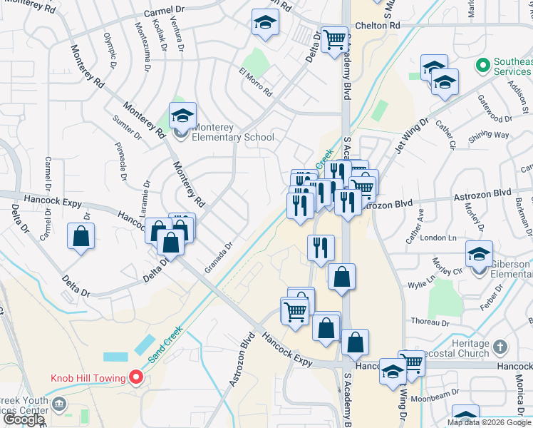 map of restaurants, bars, coffee shops, grocery stores, and more near 2437 Granada Drive in Colorado Springs