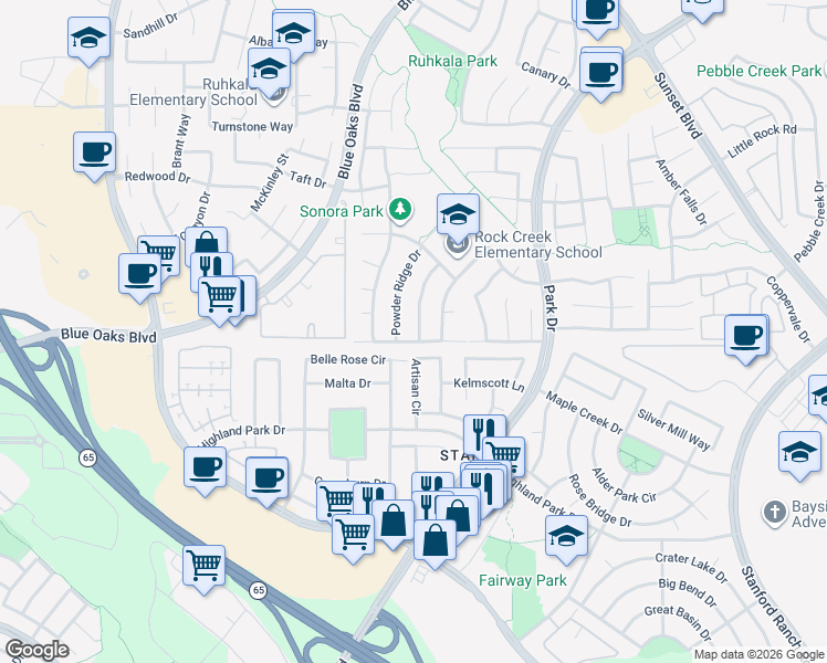 map of restaurants, bars, coffee shops, grocery stores, and more near 2172 Collet Quarry Drive in Rocklin