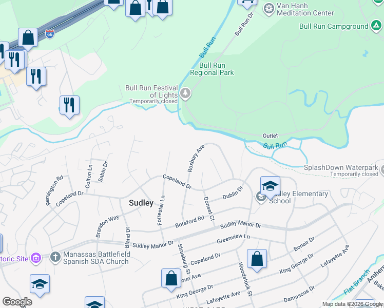 map of restaurants, bars, coffee shops, grocery stores, and more near 7398 Roxbury Avenue in Manassas