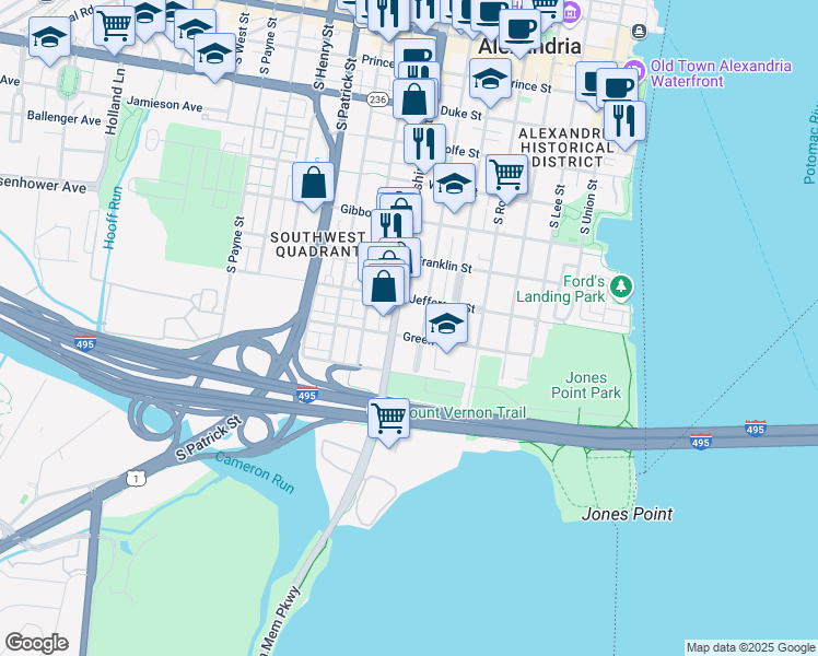 map of restaurants, bars, coffee shops, grocery stores, and more near 820 South Washington Street in Alexandria