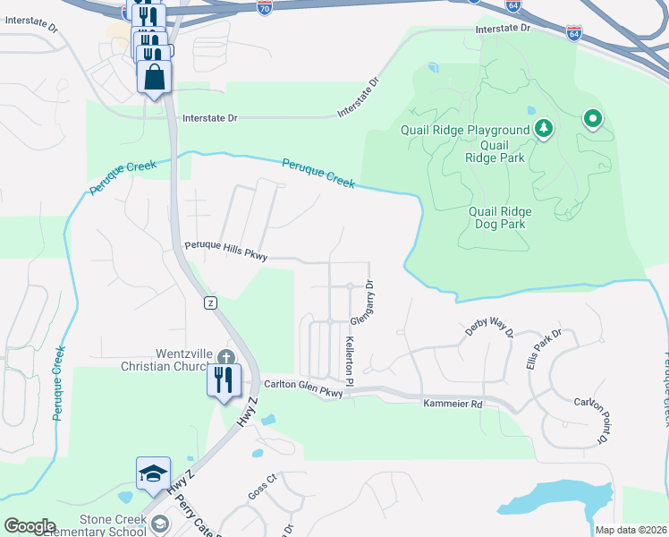 map of restaurants, bars, coffee shops, grocery stores, and more near 456 Peruque Hills Parkway in Wentzville