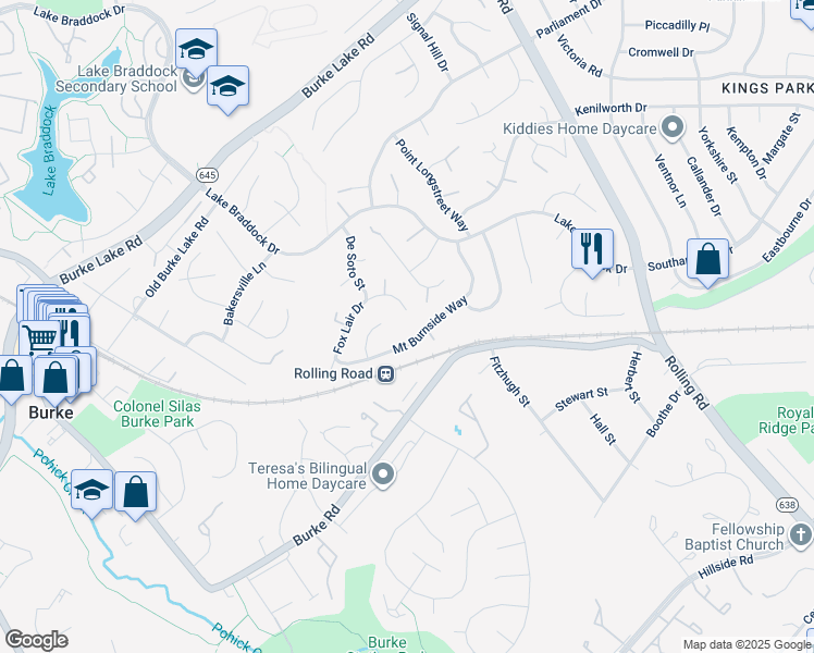 map of restaurants, bars, coffee shops, grocery stores, and more near 9001 Fox Lair Drive in Burke
