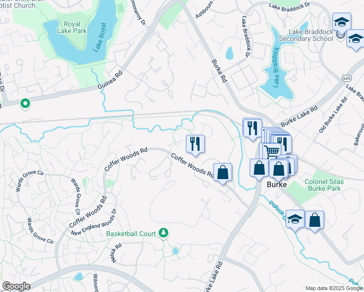 map of restaurants, bars, coffee shops, grocery stores, and more near 5767 Devon Lane in Burke