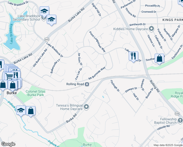 map of restaurants, bars, coffee shops, grocery stores, and more near 9001 Fox Lair Drive in Burke