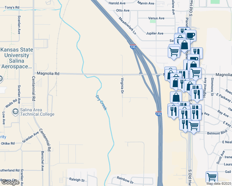 map of restaurants, bars, coffee shops, grocery stores, and more near 2455 Virginia Drive in Salina