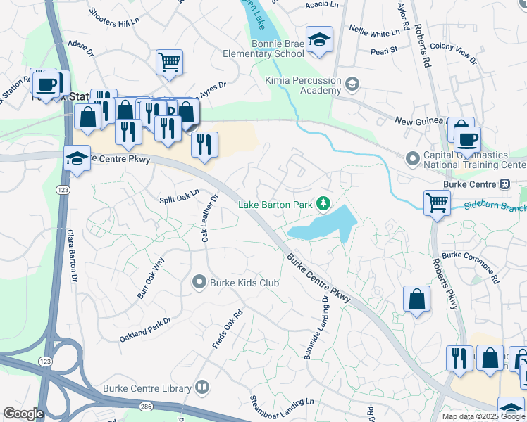 map of restaurants, bars, coffee shops, grocery stores, and more near 10675 Spring Oak Court in Burke