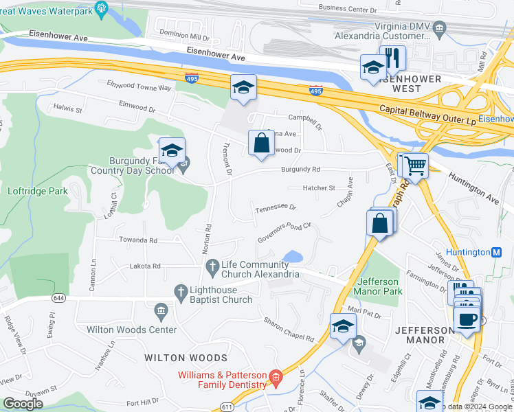 map of restaurants, bars, coffee shops, grocery stores, and more near 3414 Tennessee Drive in Alexandria