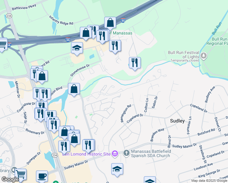 map of restaurants, bars, coffee shops, grocery stores, and more near 10420 Bermuda Lane in Manassas