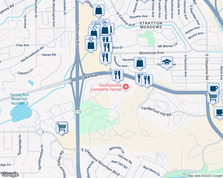 map of restaurants, bars, coffee shops, grocery stores, and more near 615 Southpointe Court in Colorado Springs