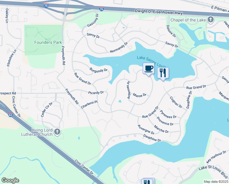 map of restaurants, bars, coffee shops, grocery stores, and more near 13 Champagne Drive in Lake Saint Louis