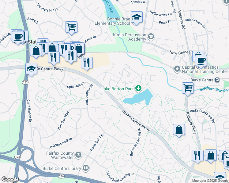 map of restaurants, bars, coffee shops, grocery stores, and more near 10669 Spring Oak Court in Burke