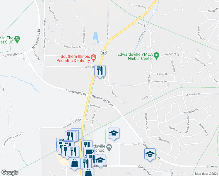 map of restaurants, bars, coffee shops, grocery stores, and more near 9 Devon Court in Edwardsville